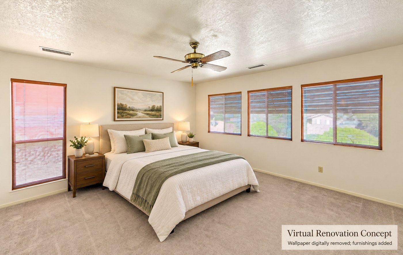 Digitally renovated and virtually staged concept of the primary bedroom at 4184 N Kearny Dr, with wallpaper and curtains removed and furnishings added